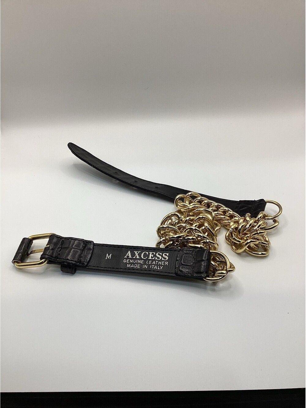 Axcess Black Croc Embossed Leather Gold Chunky Chain Belt Made in Italy Medium